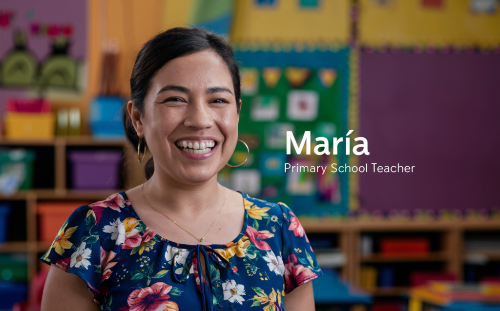 María, una maestra de primaria, sonriendo en su aula.