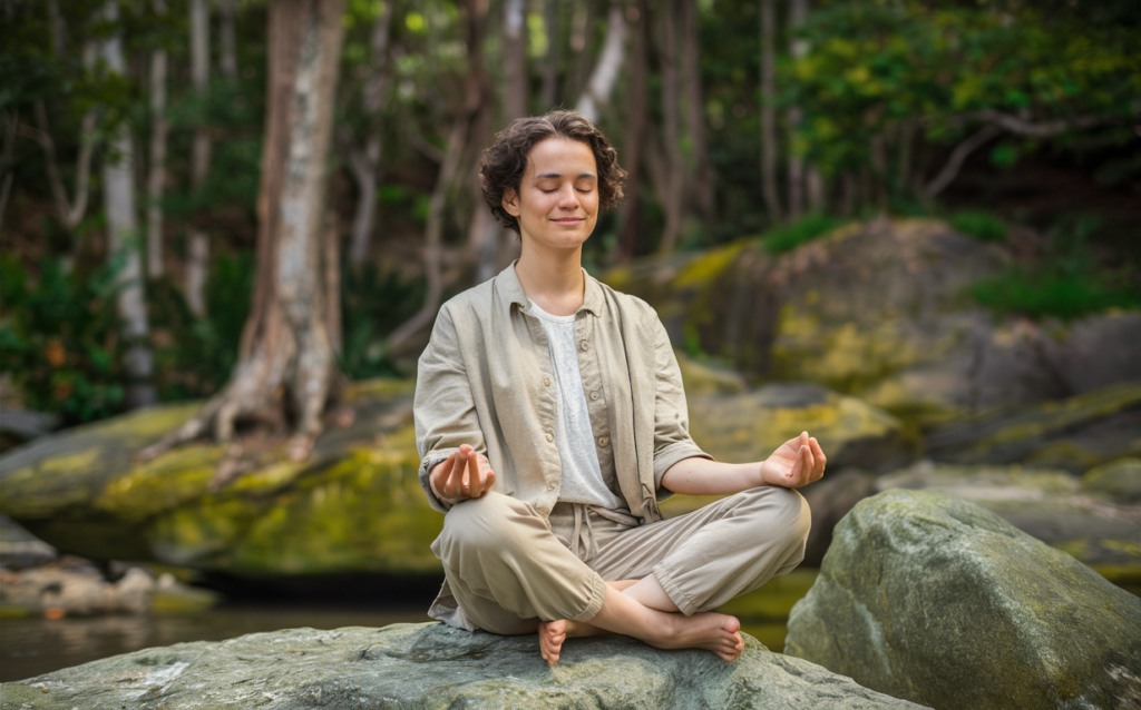 Persona meditando en un entorno natural.