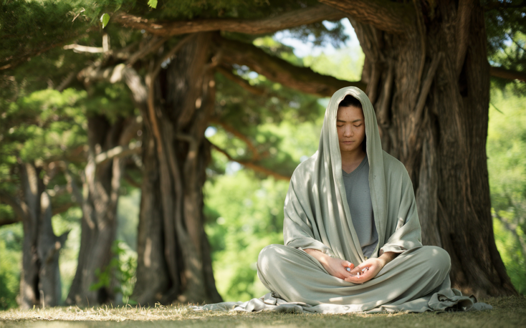 Persona meditando en un entorno tranquilo.