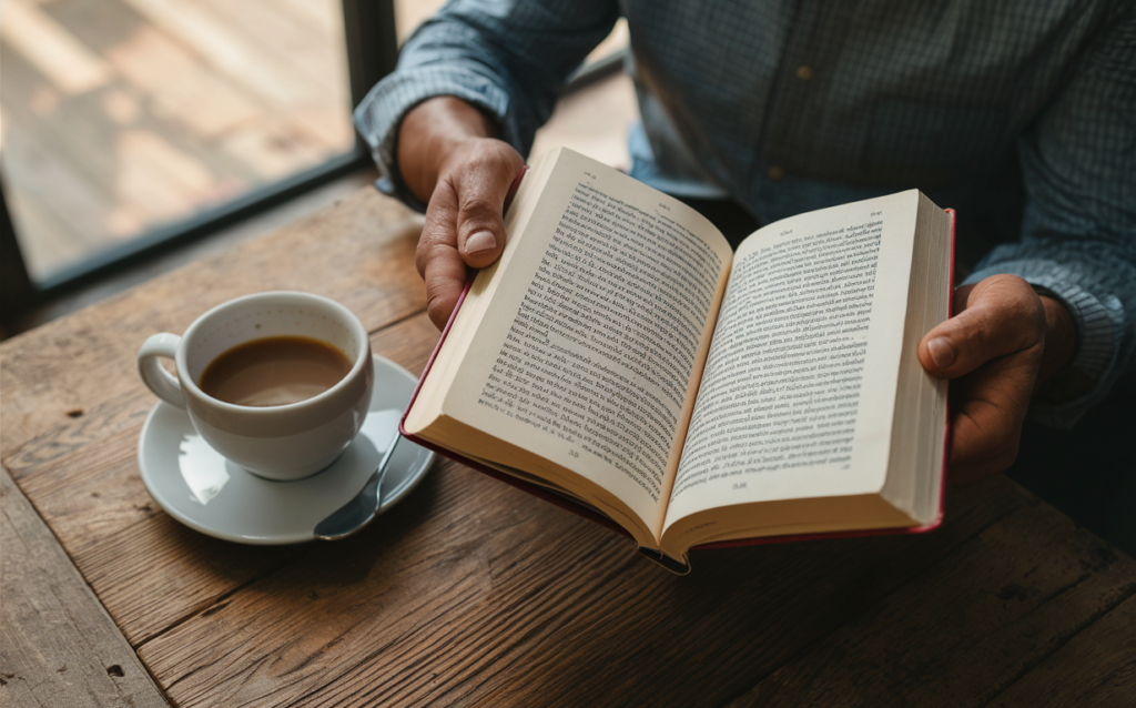 Persona leyendo un libro mientras toma café.