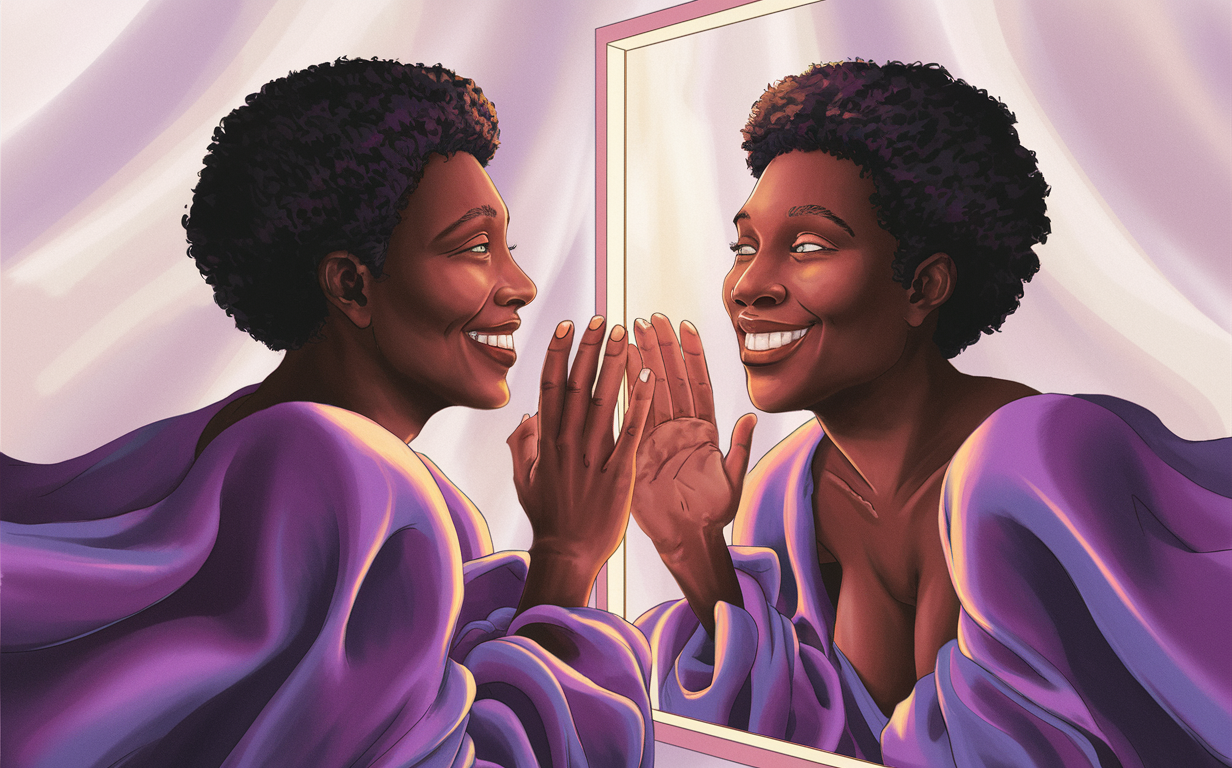 Persona sonriendo frente a un espejo, reflejando aceptación corporal.